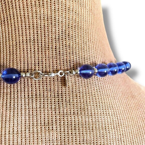 Vintage Monet Jelly Lucite Beaded Necklace Blue Silver Single Strand 27" Signed - Picture 10 of 10